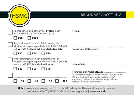 Kennzeichnungsschild für Brandabschottung mit Vatral Produkten